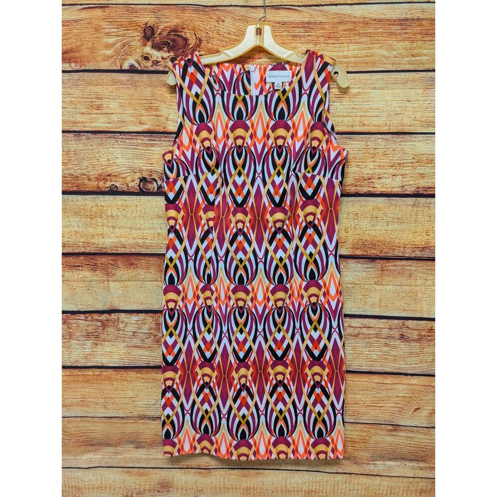RONNI NICOLE Women Sz 10 Sleeveless Dress Geometric Purple Orange Gold EUC